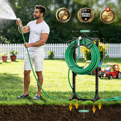Garden Hose Holder Heavy-Duty Freestanding Water Hose Holder Holds 160Ft Hoses with 2 Tool Hooks, Rustproof Freestanding Hose Stand with 4 Spikes Hose Hanger Storage Rack for Outside, Yard, Lawn
