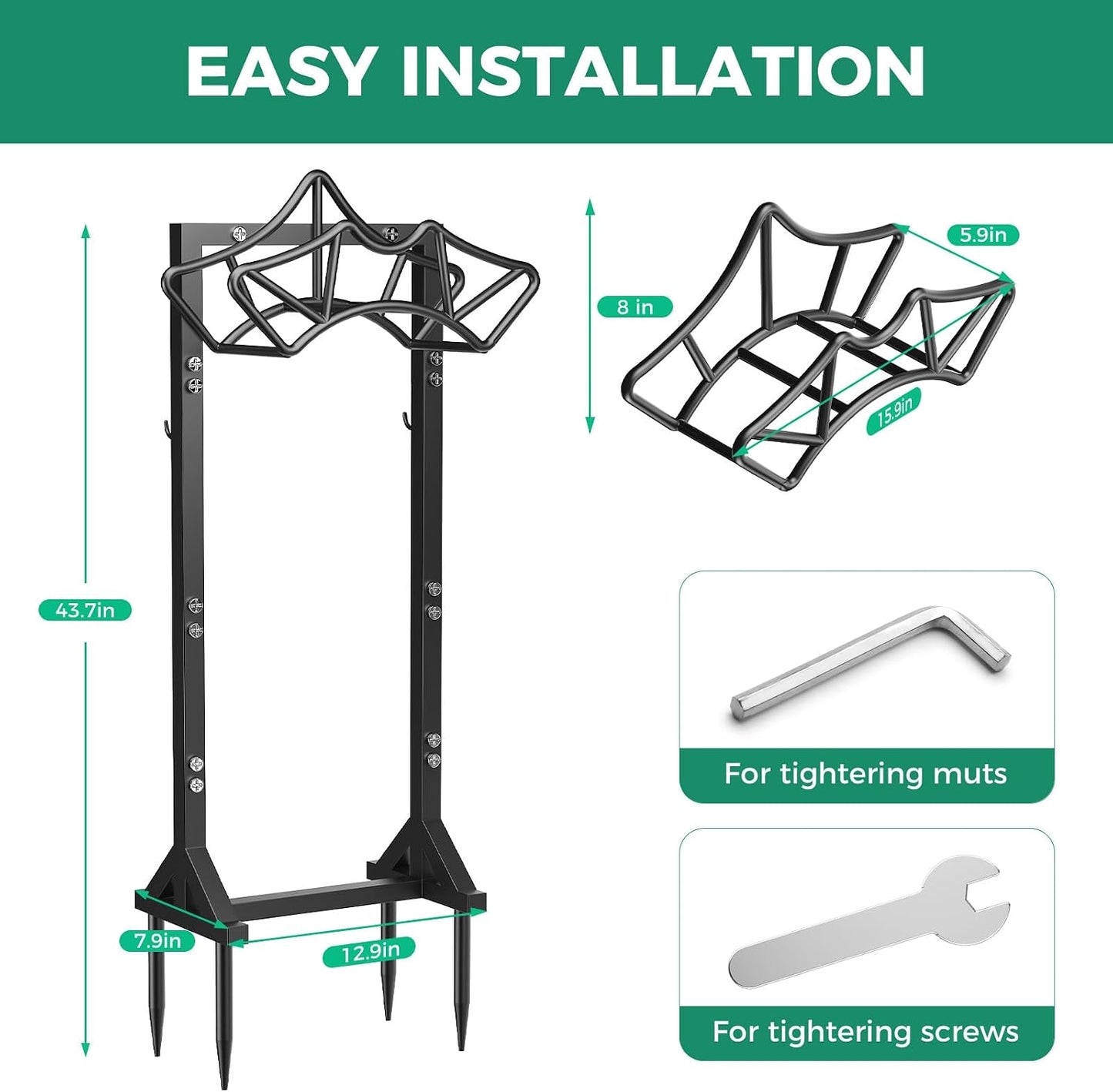 Garden Hose Holder Heavy-Duty Freestanding Water Hose Holder Holds 160Ft Hoses with 2 Tool Hooks, Rustproof Freestanding Hose Stand with 4 Spikes Hose Hanger Storage Rack for Outside, Yard, Lawn