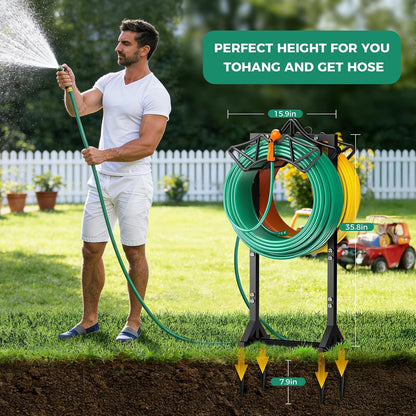 Garden Hose Holder Heavy-Duty Freestanding Water Hose Holder Holds 160Ft Hoses with 2 Tool Hooks, Rustproof Freestanding Hose Stand with 4 Spikes Hose Hanger Storage Rack for Outside, Yard, Lawn