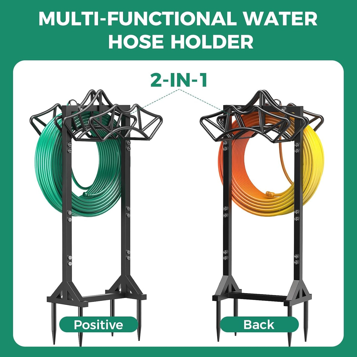 Garden Hose Holder Heavy-Duty Freestanding Water Hose Holder Holds 160Ft Hoses with 2 Tool Hooks, Rustproof Freestanding Hose Stand with 4 Spikes Hose Hanger Storage Rack for Outside, Yard, Lawn