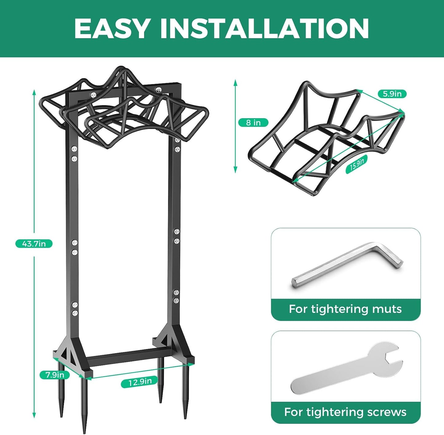 Garden Hose Holder Heavy-Duty Freestanding Water Hose Holder Holds 160Ft Hoses with 2 Tool Hooks, Rustproof Freestanding Hose Stand with 4 Spikes Hose Hanger Storage Rack for Outside, Yard, Lawn
