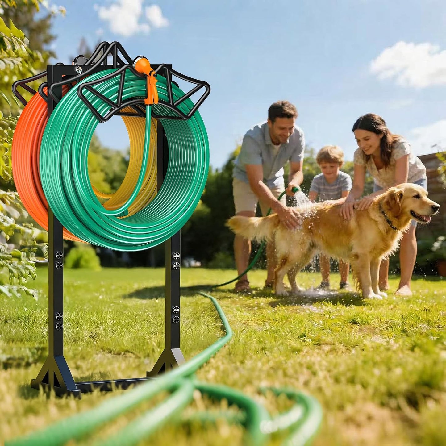 Garden Hose Holder Heavy-Duty Freestanding Water Hose Holder Holds 160Ft Hoses with 2 Tool Hooks, Rustproof Freestanding Hose Stand with 4 Spikes Hose Hanger Storage Rack for Outside, Yard, Lawn