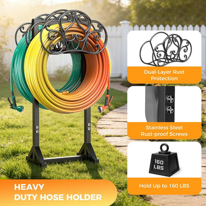 Garden Hose Holder Heavy-Duty Freestanding Water Hose Holder Holds 160Ft Hoses with 2 Tool Hooks, Rustproof Freestanding Hose Stand with 4 Spikes Hose Hanger Storage Rack for Outside, Yard, Lawn
