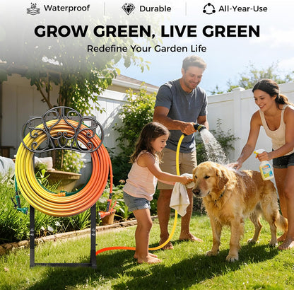 Garden Hose Holder Heavy-Duty Freestanding Water Hose Holder Holds 160Ft Hoses with 2 Tool Hooks, Rustproof Freestanding Hose Stand with 4 Spikes Hose Hanger Storage Rack for Outside, Yard, Lawn