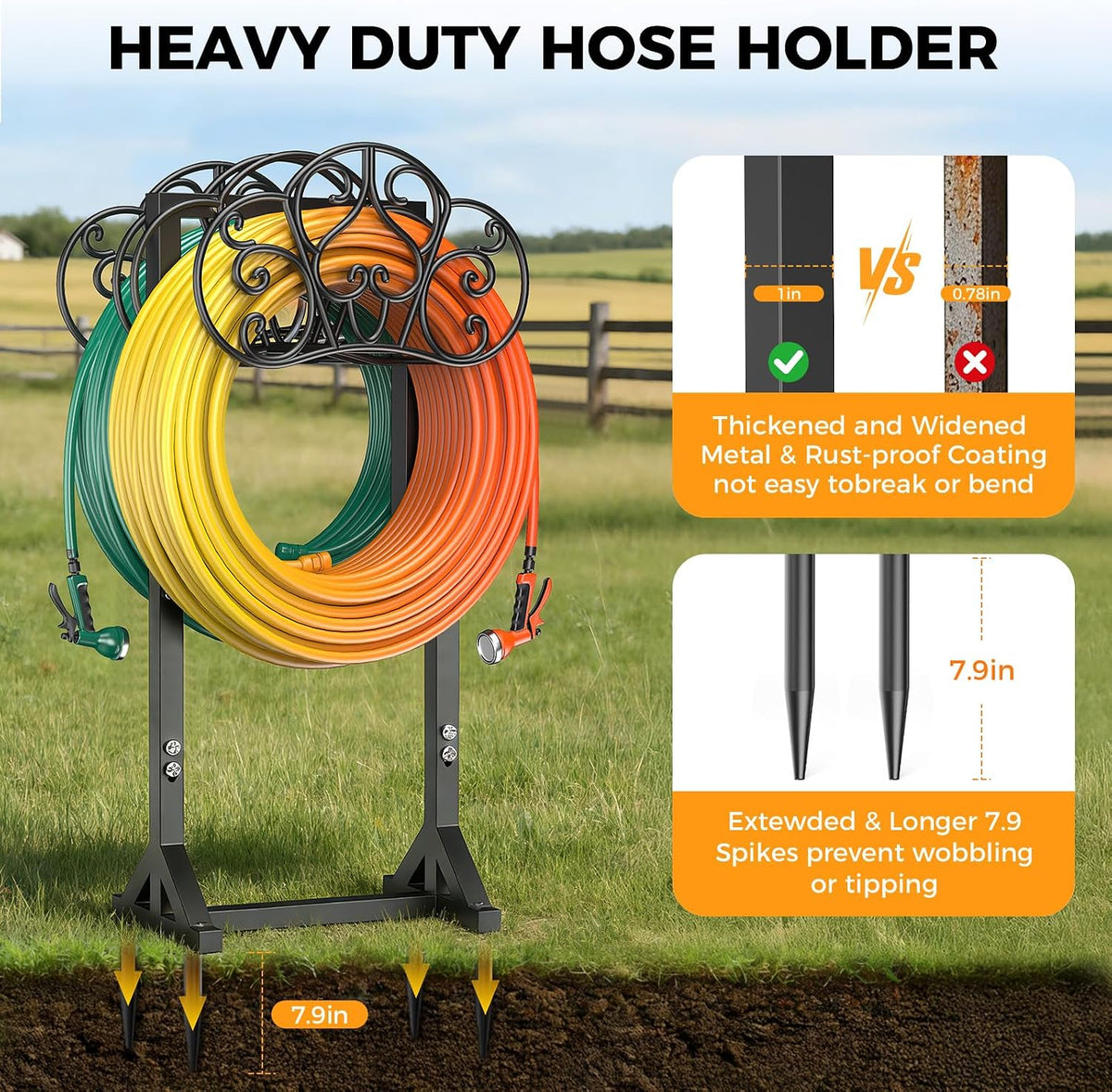 Garden Hose Holder Heavy-Duty Freestanding Water Hose Holder Holds 160Ft Hoses with 2 Tool Hooks, Rustproof Freestanding Hose Stand with 4 Spikes Hose Hanger Storage Rack for Outside, Yard, Lawn