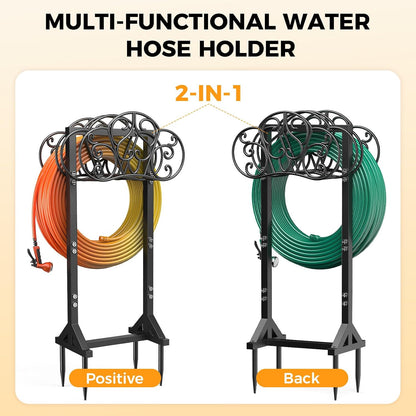 Garden Hose Holder Heavy-Duty Freestanding Water Hose Holder Holds 160Ft Hoses with 2 Tool Hooks, Rustproof Freestanding Hose Stand with 4 Spikes Hose Hanger Storage Rack for Outside, Yard, Lawn
