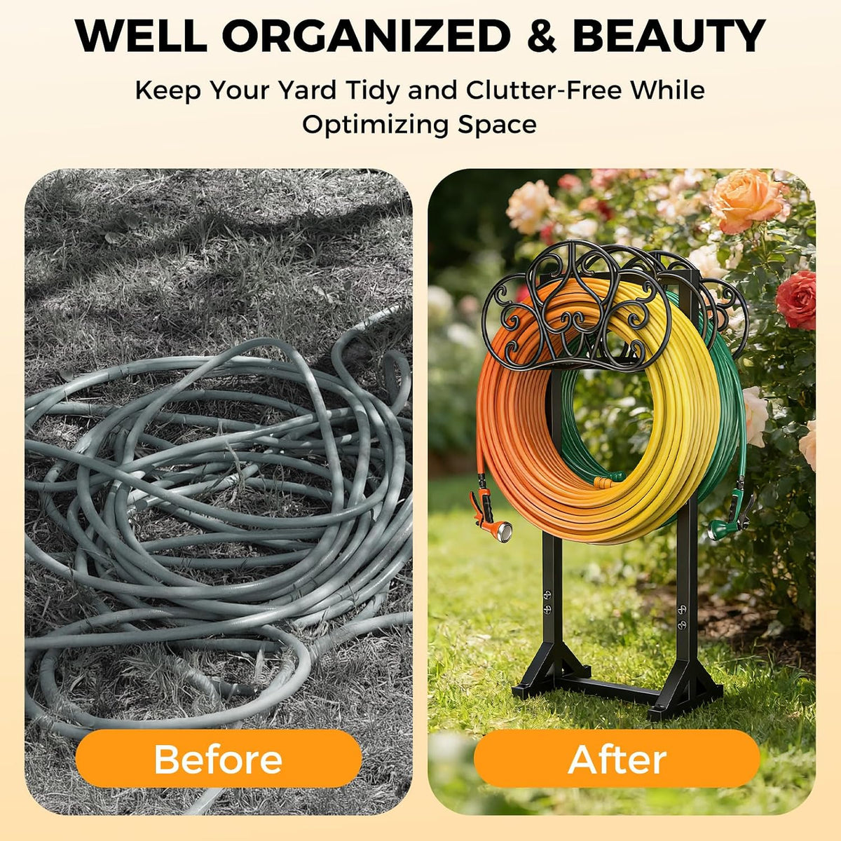 Garden Hose Holder Heavy-Duty Freestanding Water Hose Holder Holds 160Ft Hoses with 2 Tool Hooks, Rustproof Freestanding Hose Stand with 4 Spikes Hose Hanger Storage Rack for Outside, Yard, Lawn