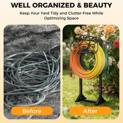 Garden Hose Holder Heavy-Duty Freestanding Water Hose Holder Holds 160Ft Hoses with 2 Tool Hooks, Rustproof Freestanding Hose Stand with 4 Spikes Hose Hanger Storage Rack for Outside, Yard, Lawn