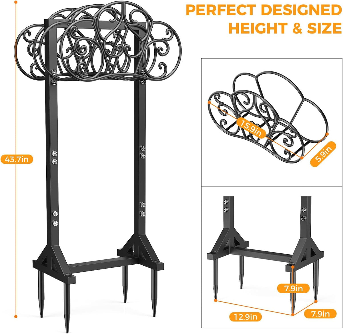 Garden Hose Holder Heavy-Duty Freestanding Water Hose Holder Holds 160Ft Hoses with 2 Tool Hooks, Rustproof Freestanding Hose Stand with 4 Spikes Hose Hanger Storage Rack for Outside, Yard, Lawn