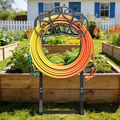 Garden Hose Holder Heavy-Duty Freestanding Water Hose Holder Holds 160Ft Hoses with 2 Tool Hooks, Rustproof Freestanding Hose Stand with 4 Spikes Hose Hanger Storage Rack for Outside, Yard, Lawn