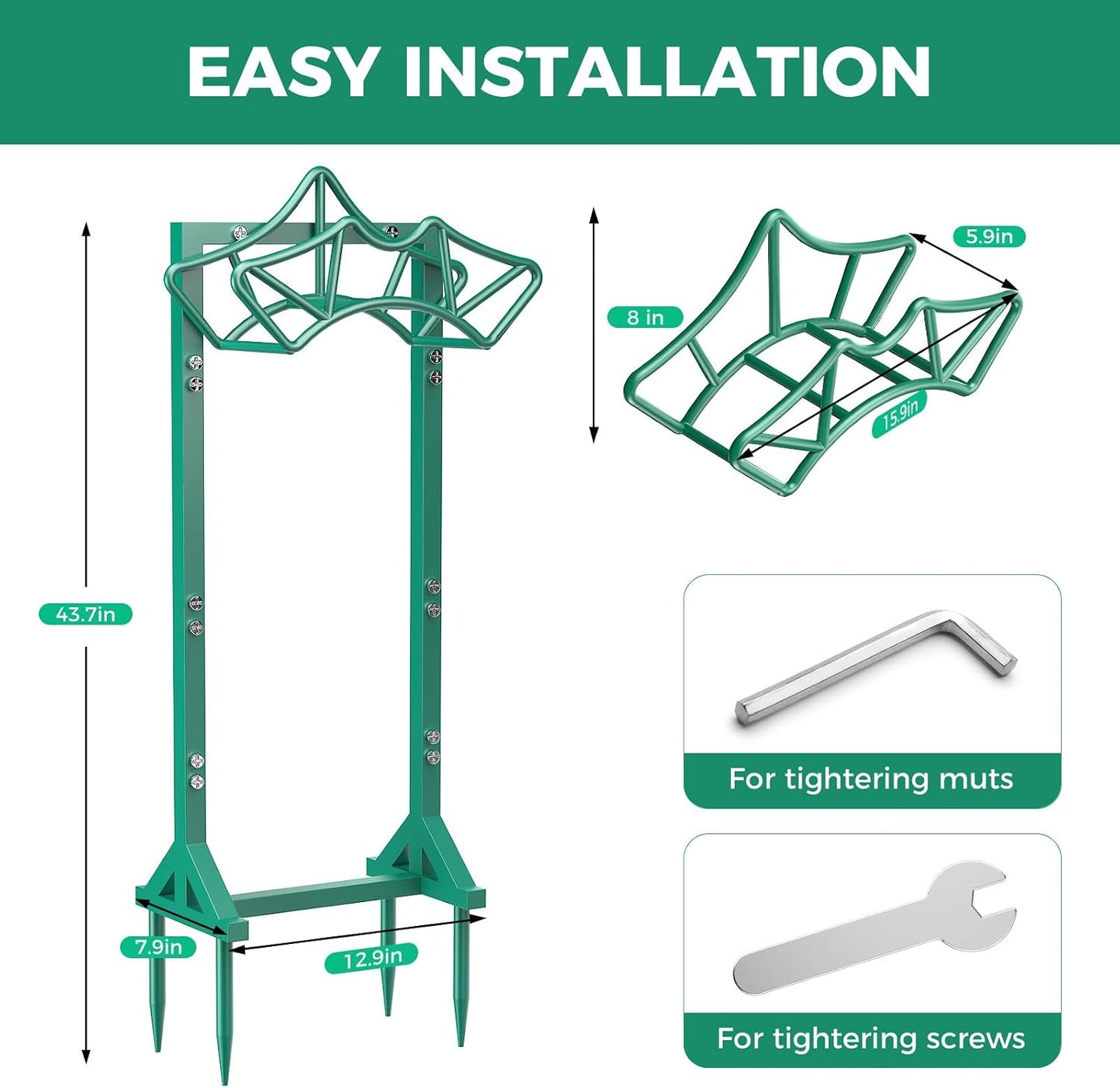 Garden Hose Holder Heavy-Duty Freestanding Water Hose Holder Holds 160Ft Hoses with 2 Tool Hooks, Rustproof Freestanding Hose Stand with 4 Spikes Hose Hanger Storage Rack for Outside, Yard, Lawn