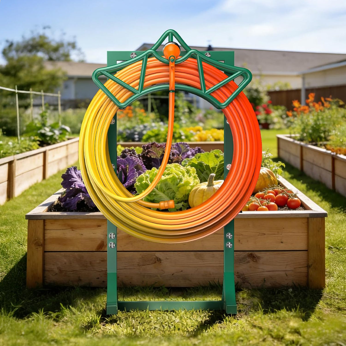 Garden Hose Holder Heavy-Duty Freestanding Water Hose Holder Holds 160Ft Hoses with 2 Tool Hooks, Rustproof Freestanding Hose Stand with 4 Spikes Hose Hanger Storage Rack for Outside, Yard, Lawn