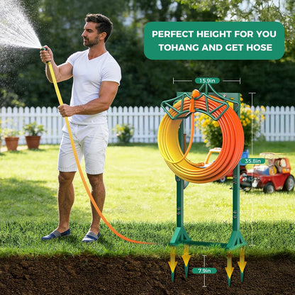 Garden Hose Holder Heavy-Duty Freestanding Water Hose Holder Holds 160Ft Hoses with 2 Tool Hooks, Rustproof Freestanding Hose Stand with 4 Spikes Hose Hanger Storage Rack for Outside, Yard, Lawn