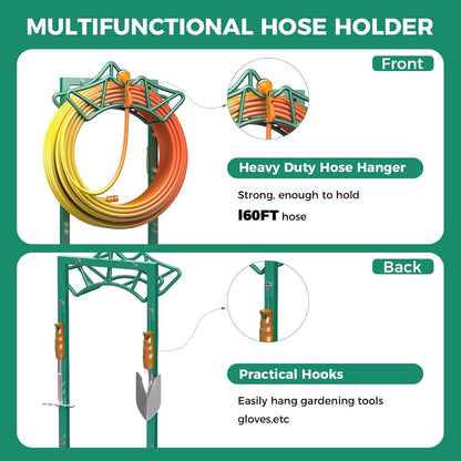Garden Hose Holder Heavy-Duty Freestanding Water Hose Holder Holds 160Ft Hoses with 2 Tool Hooks, Rustproof Freestanding Hose Stand with 4 Spikes Hose Hanger Storage Rack for Outside, Yard, Lawn
