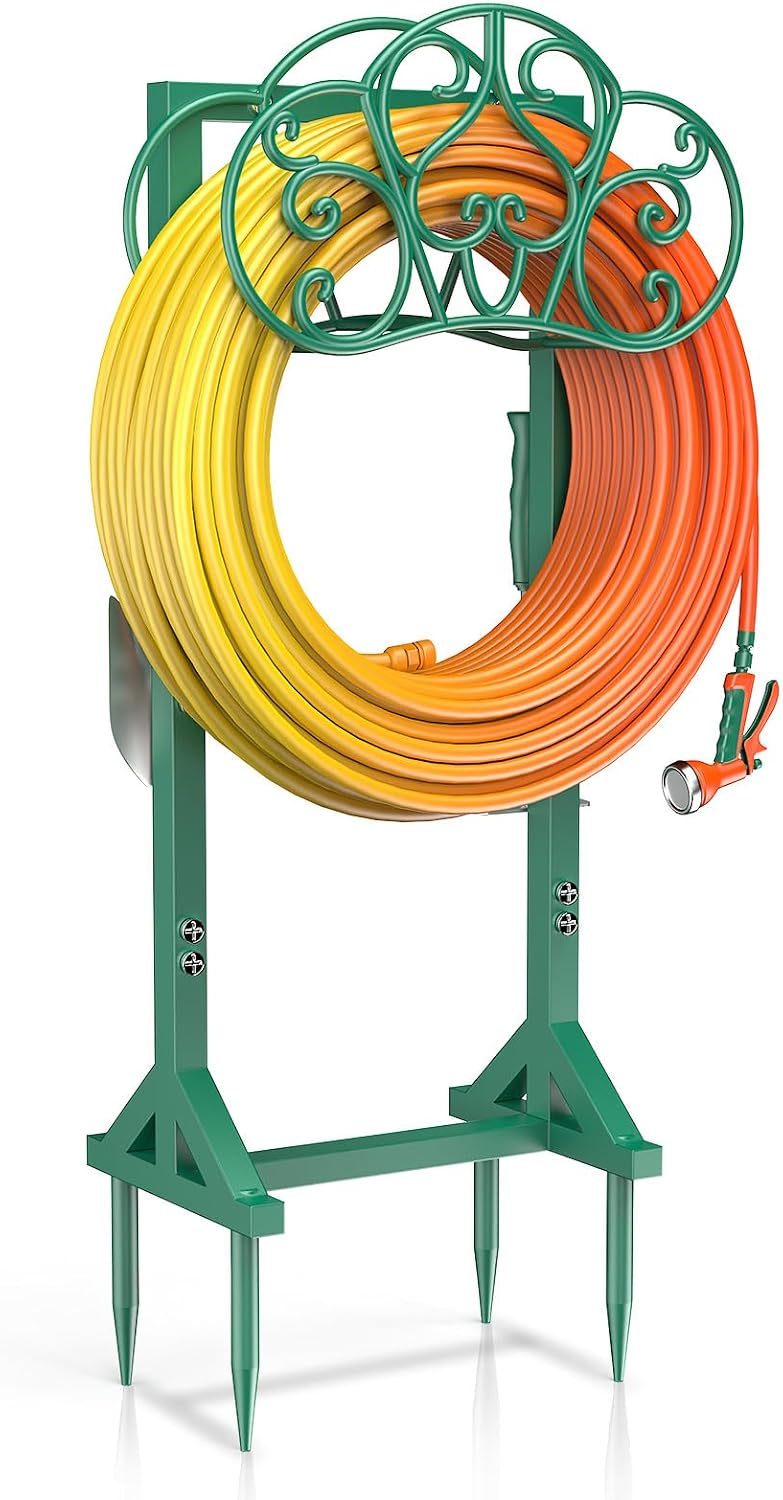 Garden Hose Holder Heavy-Duty Freestanding Water Hose Holder Holds 160Ft Hoses with 2 Tool Hooks, Rustproof Freestanding Hose Stand with 4 Spikes Hose Hanger Storage Rack for Outside, Yard, Lawn