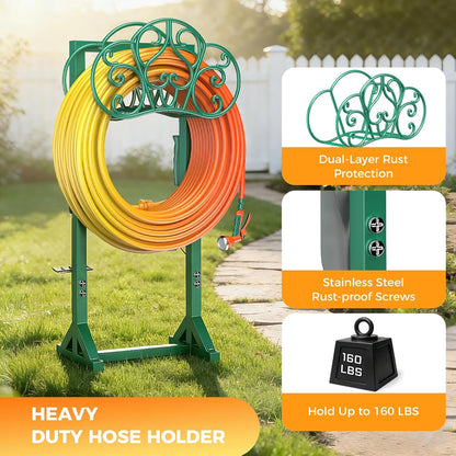 Garden Hose Holder Heavy-Duty Freestanding Water Hose Holder Holds 160Ft Hoses with 2 Tool Hooks, Rustproof Freestanding Hose Stand with 4 Spikes Hose Hanger Storage Rack for Outside, Yard, Lawn