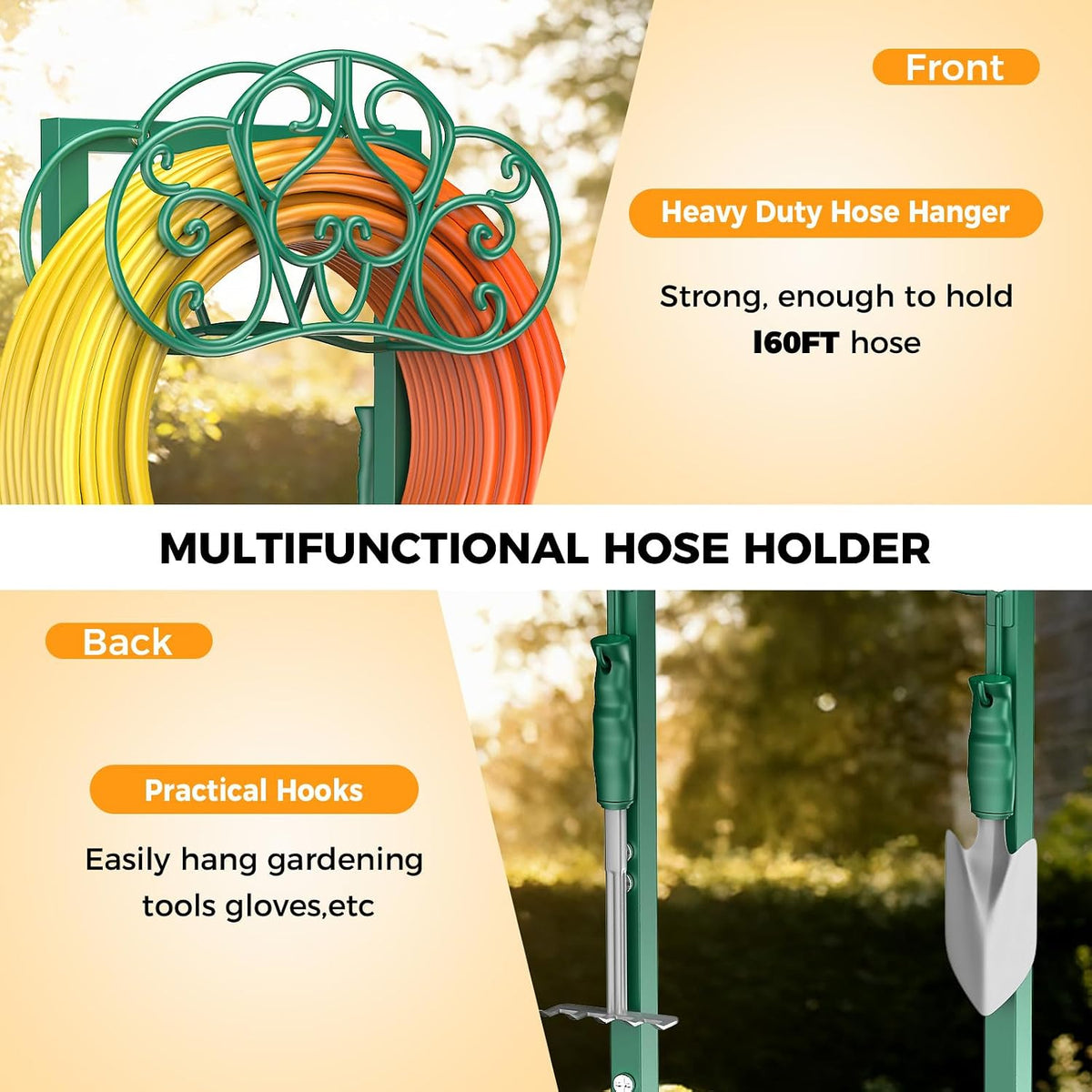 Garden Hose Holder Heavy-Duty Freestanding Water Hose Holder Holds 160Ft Hoses with 2 Tool Hooks, Rustproof Freestanding Hose Stand with 4 Spikes Hose Hanger Storage Rack for Outside, Yard, Lawn