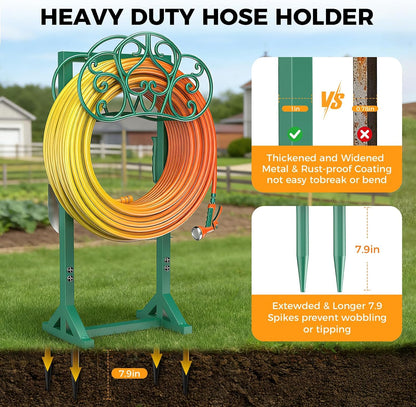 Garden Hose Holder Heavy-Duty Freestanding Water Hose Holder Holds 160Ft Hoses with 2 Tool Hooks, Rustproof Freestanding Hose Stand with 4 Spikes Hose Hanger Storage Rack for Outside, Yard, Lawn