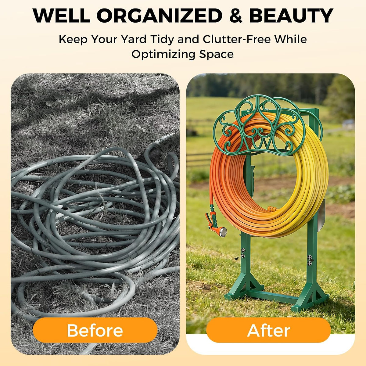 Garden Hose Holder Heavy-Duty Freestanding Water Hose Holder Holds 160Ft Hoses with 2 Tool Hooks, Rustproof Freestanding Hose Stand with 4 Spikes Hose Hanger Storage Rack for Outside, Yard, Lawn