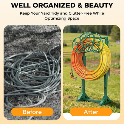 Garden Hose Holder Heavy-Duty Freestanding Water Hose Holder Holds 160Ft Hoses with 2 Tool Hooks, Rustproof Freestanding Hose Stand with 4 Spikes Hose Hanger Storage Rack for Outside, Yard, Lawn