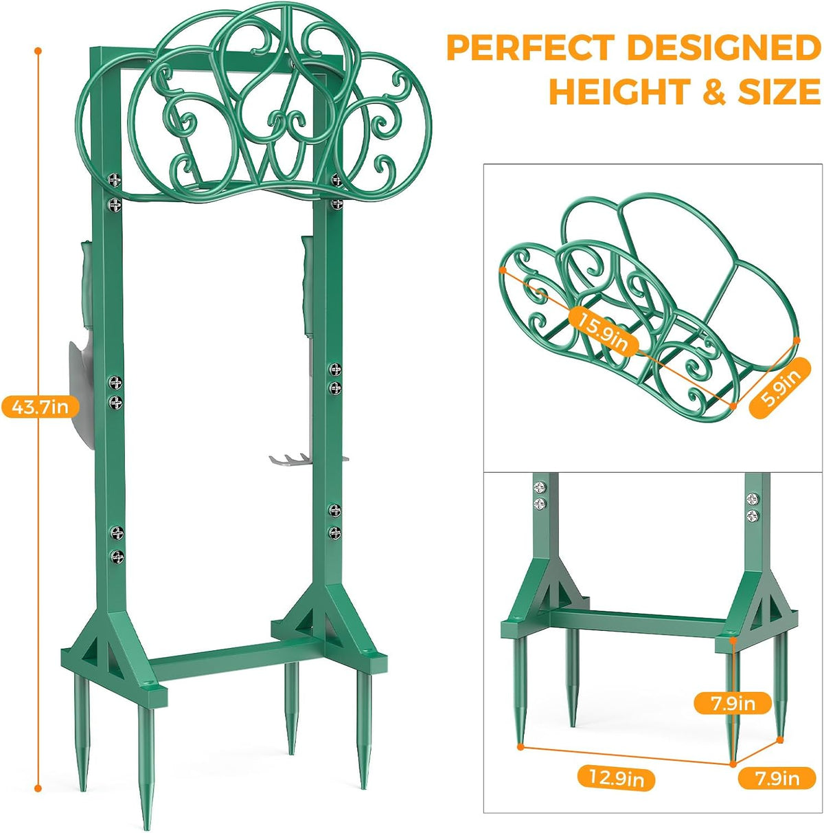 Garden Hose Holder Heavy-Duty Freestanding Water Hose Holder Holds 160Ft Hoses with 2 Tool Hooks, Rustproof Freestanding Hose Stand with 4 Spikes Hose Hanger Storage Rack for Outside, Yard, Lawn