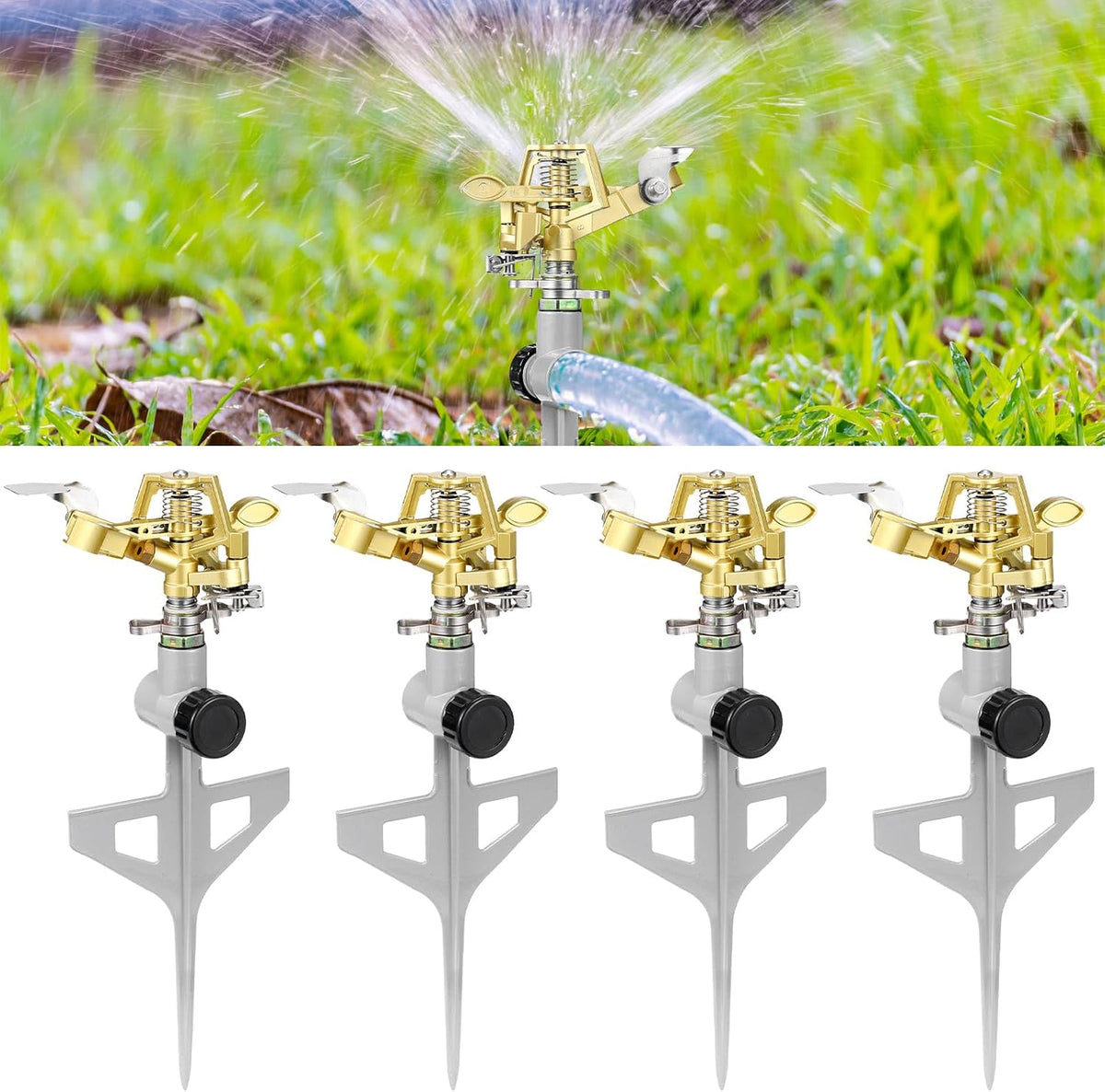 4 Pack Adjustable Impact Water Lawn Sprinkler, Heavy Duty Sprinkler Head and Zinc Alloy Spike Base for Large Area Grass Yards Garden Irrigation