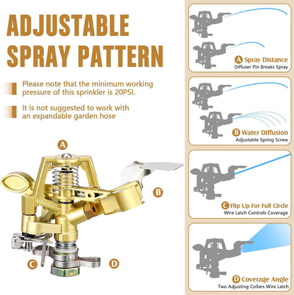4 Pack Adjustable Impact Water Lawn Sprinkler, Heavy Duty Sprinkler Head and Zinc Alloy Spike Base for Large Area Grass Yards Garden Irrigation