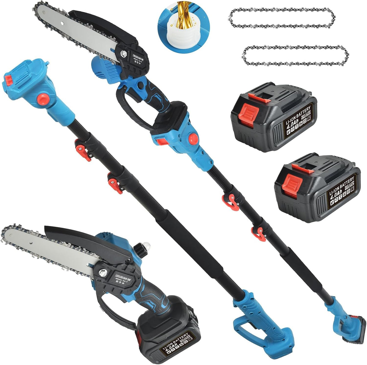 4-in-1 Cordless Pole Saw and Pruning Shears, 8ft Pole, 2 Batteries