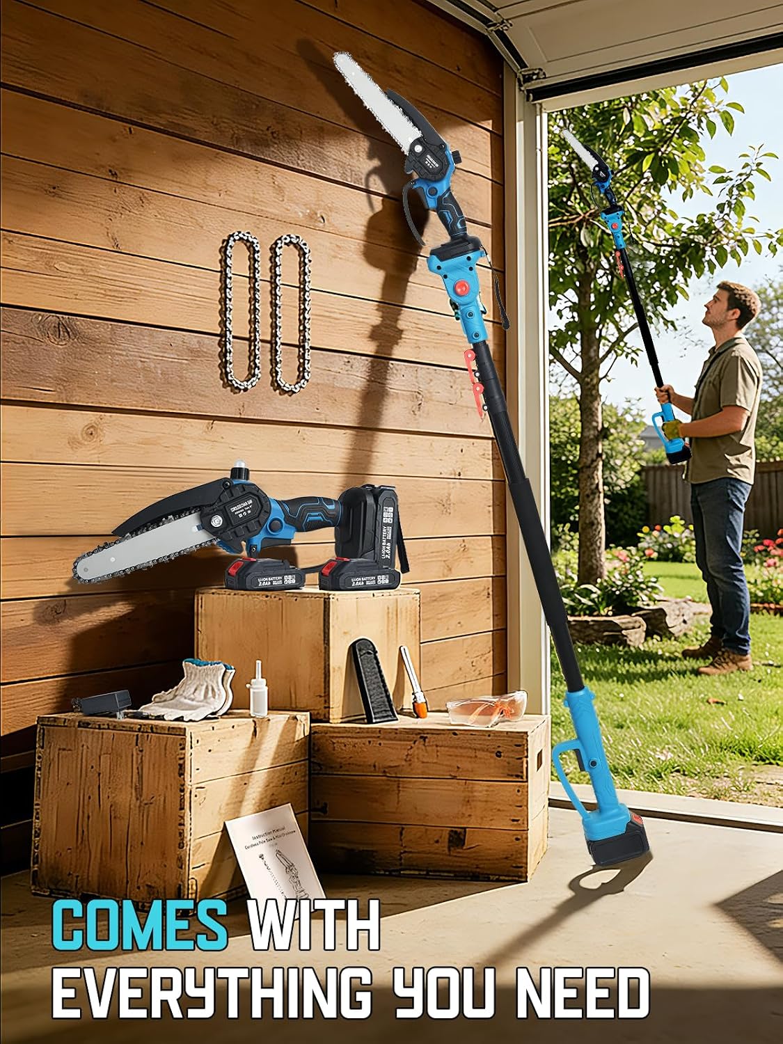 4-in-1 Cordless Pole Saw and Pruning Shears, 8ft Pole, 2 Batteries