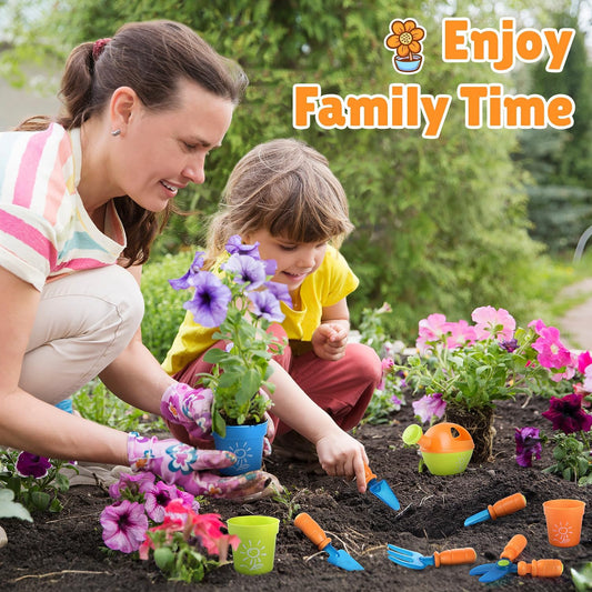 Kids Gardening Set, Garden Tool Set for Kids, Gardening Tools Kit with Shovel, Fork, Spade, Scissors, Flower Pot, Watering Can and Storage Box, Summer Outdoor Toys for Toddlers Boys Girls Gift