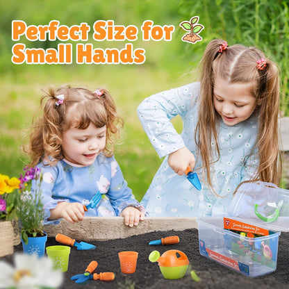 Kids Gardening Set, Garden Tool Set for Kids, Gardening Tools Kit with Shovel, Fork, Spade, Scissors, Flower Pot, Watering Can and Storage Box, Summer Outdoor Toys for Toddlers Boys Girls Gift