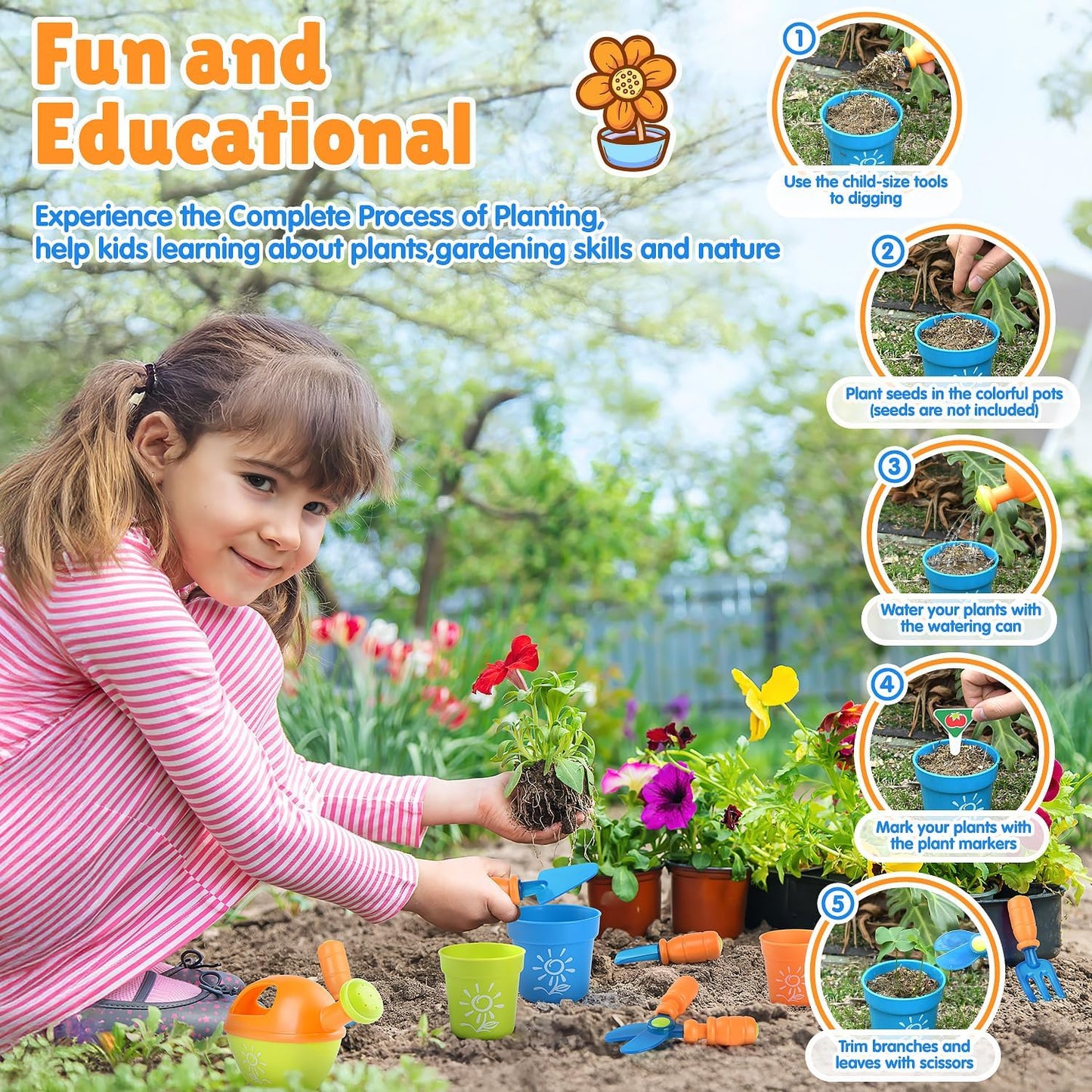 Kids Gardening Set, Garden Tool Set for Kids, Gardening Tools Kit with Shovel, Fork, Spade, Scissors, Flower Pot, Watering Can and Storage Box, Summer Outdoor Toys for Toddlers Boys Girls Gift