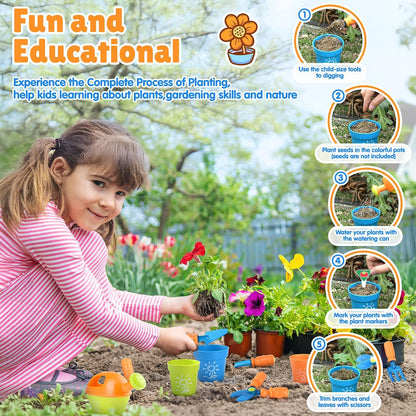 Kids Gardening Set, Garden Tool Set for Kids, Gardening Tools Kit with Shovel, Fork, Spade, Scissors, Flower Pot, Watering Can and Storage Box, Summer Outdoor Toys for Toddlers Boys Girls Gift