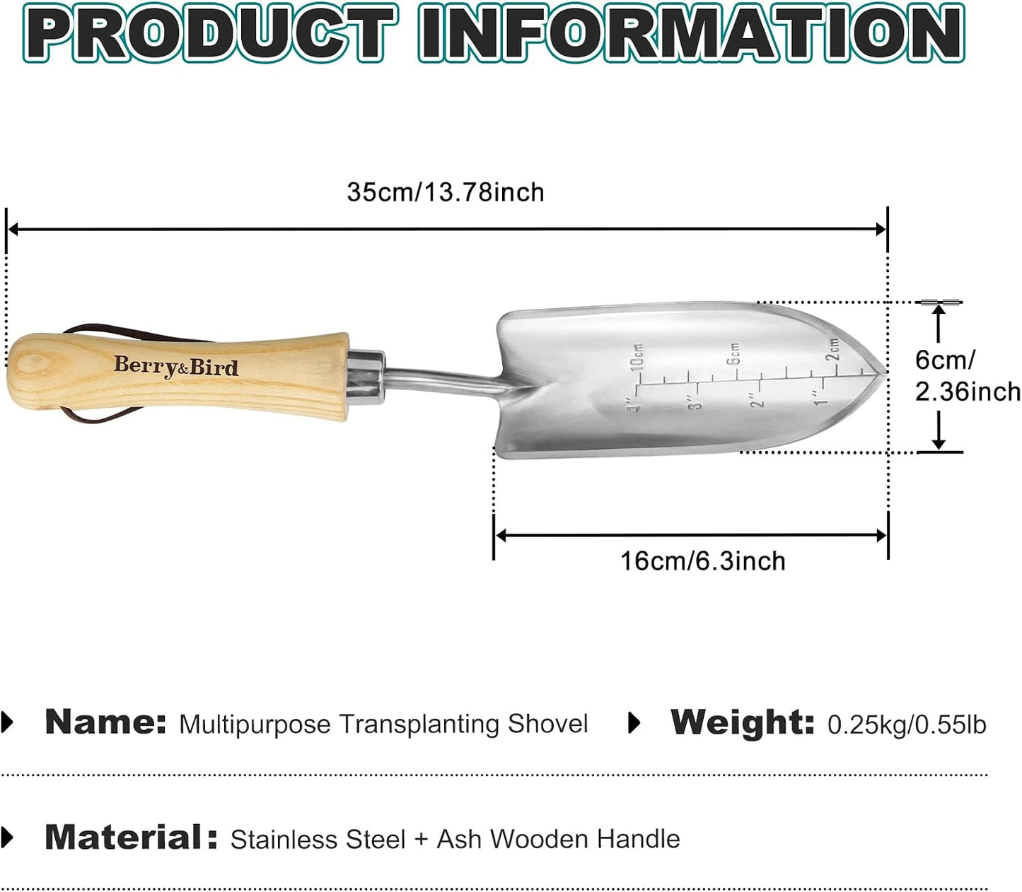 Stainless Steel Trowel, Garden Small Flower Hand Shovel, Potting Soils Scoop with Wood Handle, Gardening Bonsai Tools for Transplanting Digging Weeding Planting