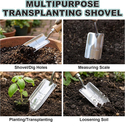 Stainless Steel Trowel, Garden Small Flower Hand Shovel, Potting Soils Scoop with Wood Handle, Gardening Bonsai Tools for Transplanting Digging Weeding Planting