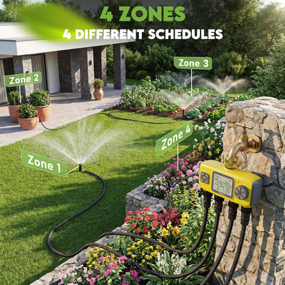 4 Zone Water Timer for Garden Hose, 4 Outlets Sprinkler Timer Kit
