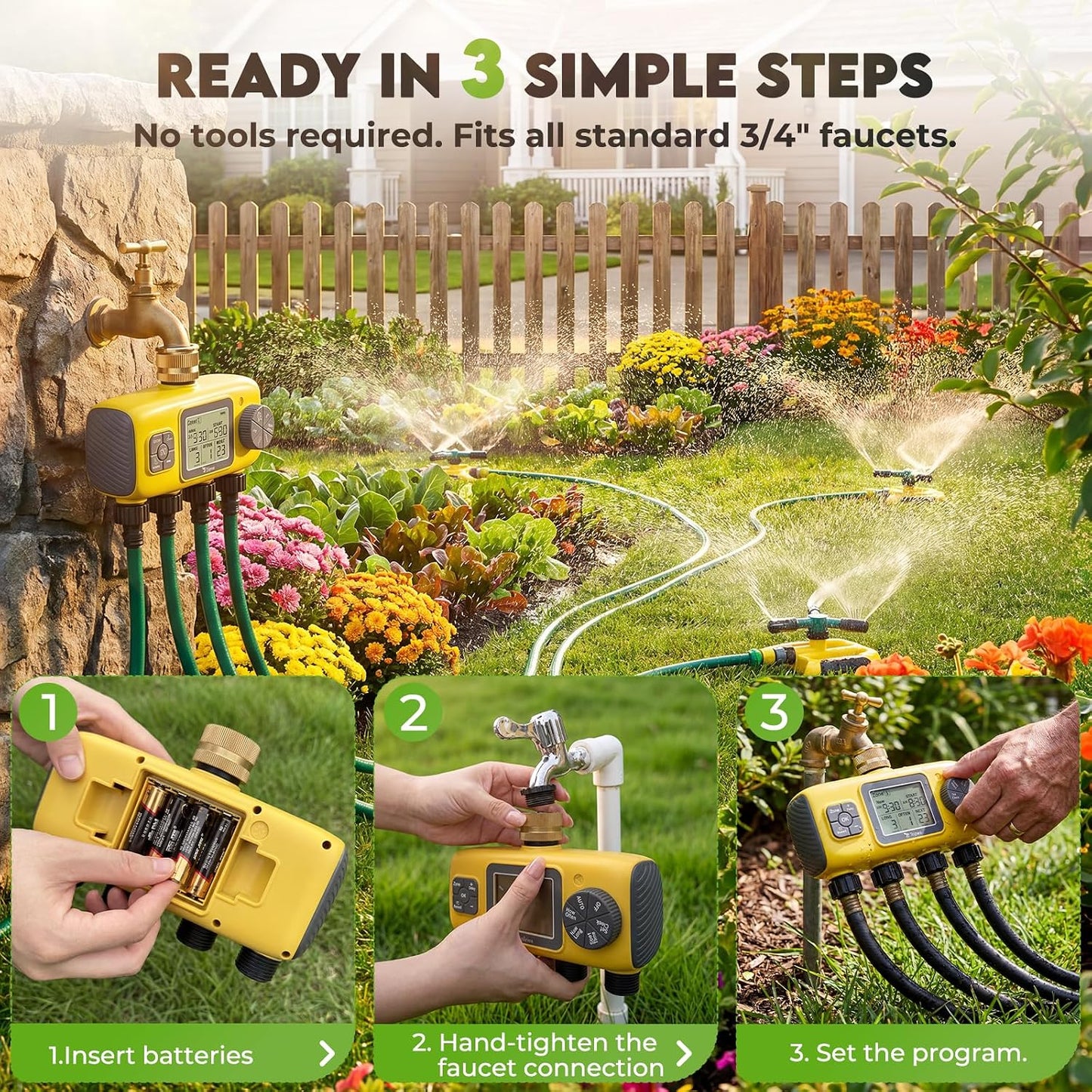 4 Zone Water Timer for Garden Hose, 4 Outlets Sprinkler Timer Kit