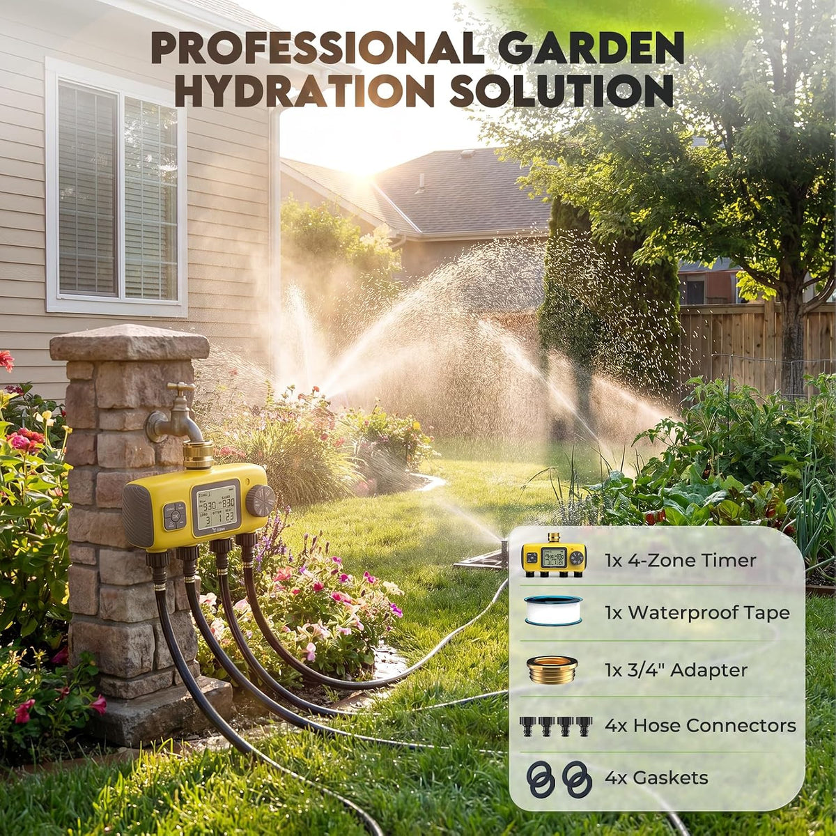 4 Zone Water Timer for Garden Hose, 4 Outlets Sprinkler Timer Kit