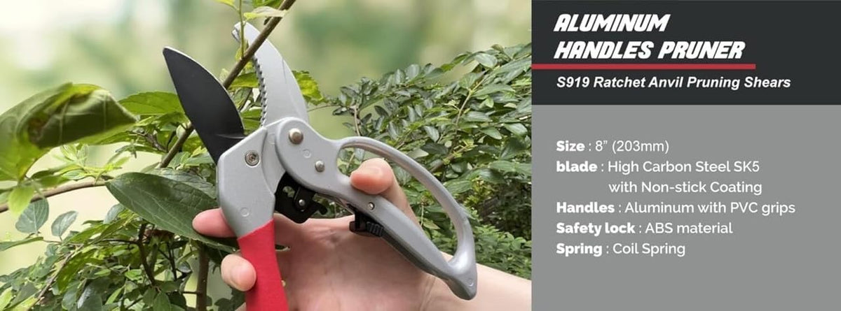 Ratchet Anvil Pruning Shears, Heavy Duty Carbon Steel Hand Pruners for Tree Trimming & Gardening