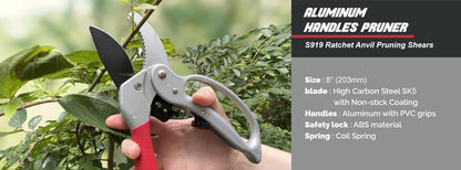 Ratchet Anvil Pruning Shears, Heavy Duty Carbon Steel Hand Pruners for Tree Trimming & Gardening