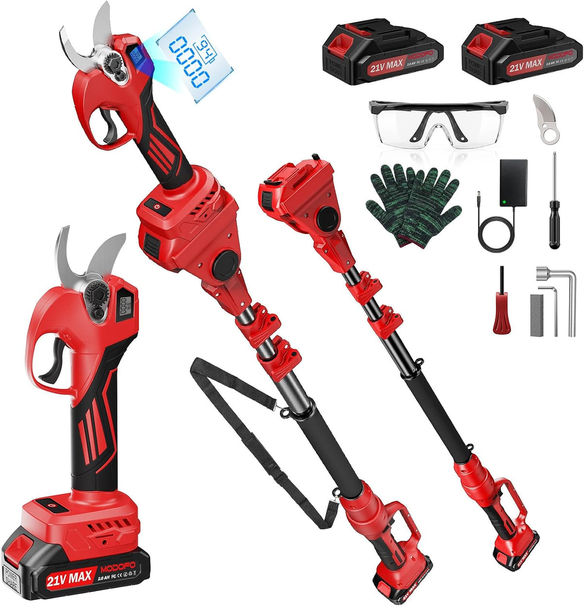 2-in-1 Electric Pruning Shears Cordless with Pole, 2.1" Cutting Diameter Pole Pruning Shears, Brushless Motor, Extra Blade, 2 * 2Ah Batteries, 2 Modes Adjustable Pruning Shears for Tree Flower