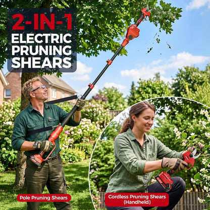 2-in-1 Electric Pruning Shears Cordless with Pole, 2.1" Cutting Diameter Pole Pruning Shears, Brushless Motor, Extra Blade, 2 * 2Ah Batteries, 2 Modes Adjustable Pruning Shears for Tree Flower
