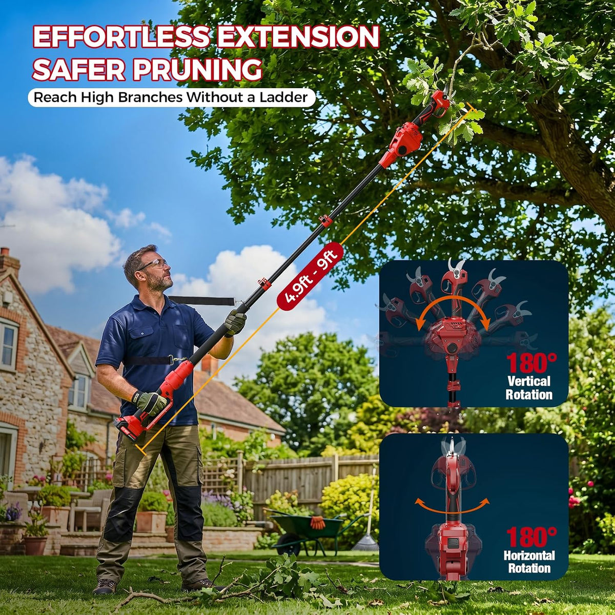 2-in-1 Electric Pruning Shears Cordless with Pole, 2.1" Cutting Diameter Pole Pruning Shears, Brushless Motor, Extra Blade, 2 * 2Ah Batteries, 2 Modes Adjustable Pruning Shears for Tree Flower