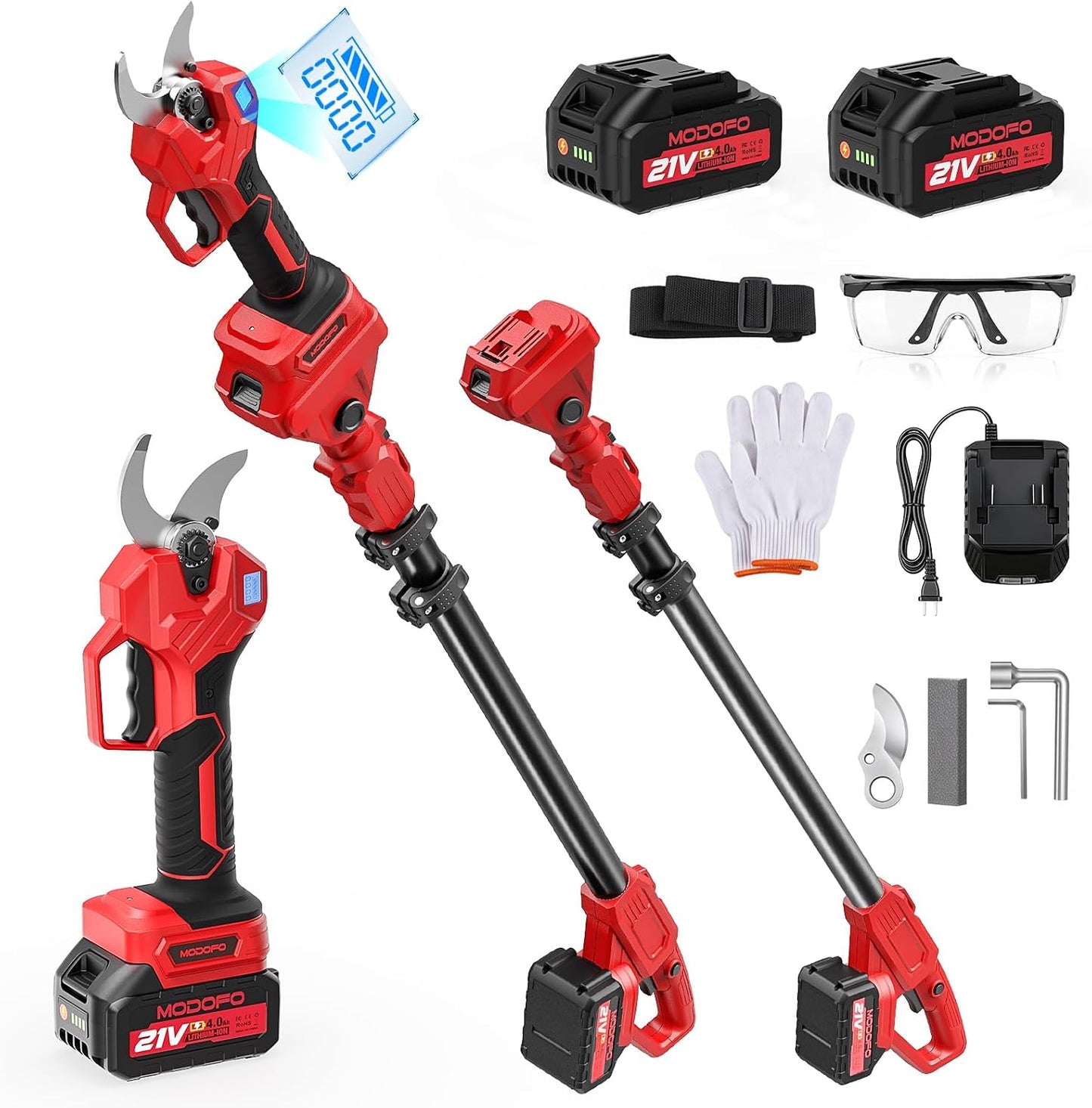 2-in-1 Electric Pruning Shears Cordless with Pole, 2.1" Cutting Diameter Pole Pruning Shears, Brushless Motor, Extra Blade, 2 * 2Ah Batteries, 2 Modes Adjustable Pruning Shears for Tree Flower