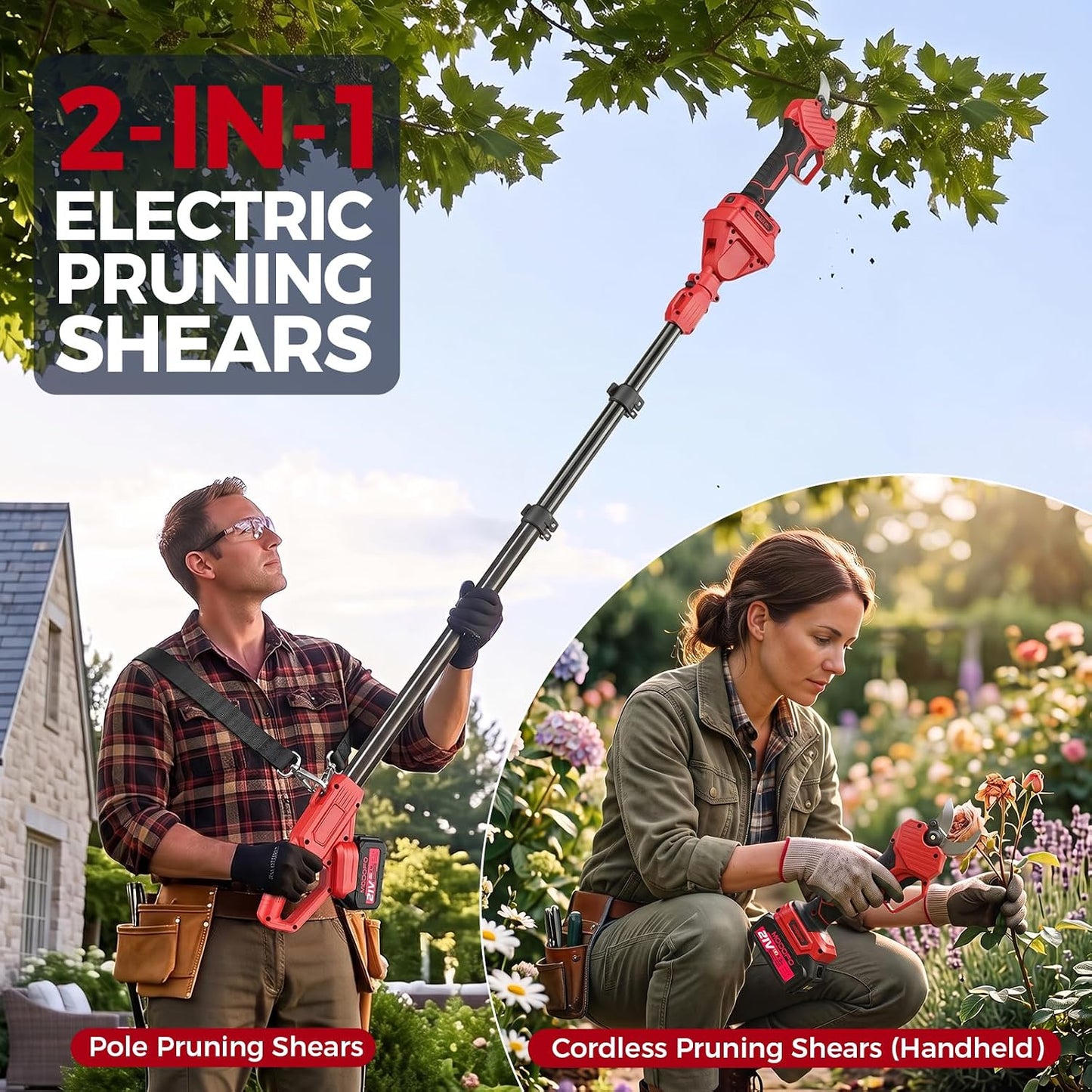 2-in-1 Electric Pruning Shears Cordless with Pole, 2.1" Cutting Diameter Pole Pruning Shears, Brushless Motor, Extra Blade, 2 * 2Ah Batteries, 2 Modes Adjustable Pruning Shears for Tree Flower