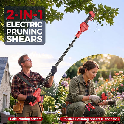 2-in-1 Electric Pruning Shears Cordless with Pole, 2.1" Cutting Diameter Pole Pruning Shears, Brushless Motor, Extra Blade, 2 * 2Ah Batteries, 2 Modes Adjustable Pruning Shears for Tree Flower