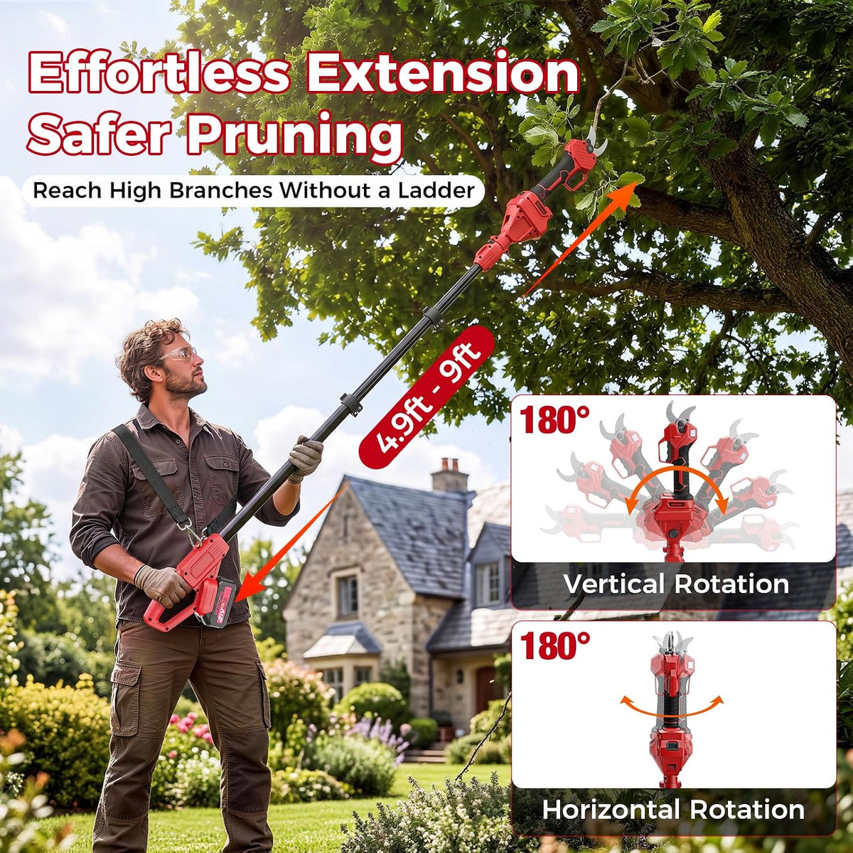 2-in-1 Electric Pruning Shears Cordless with Pole, 2.1" Cutting Diameter Pole Pruning Shears, Brushless Motor, Extra Blade, 2 * 2Ah Batteries, 2 Modes Adjustable Pruning Shears for Tree Flower