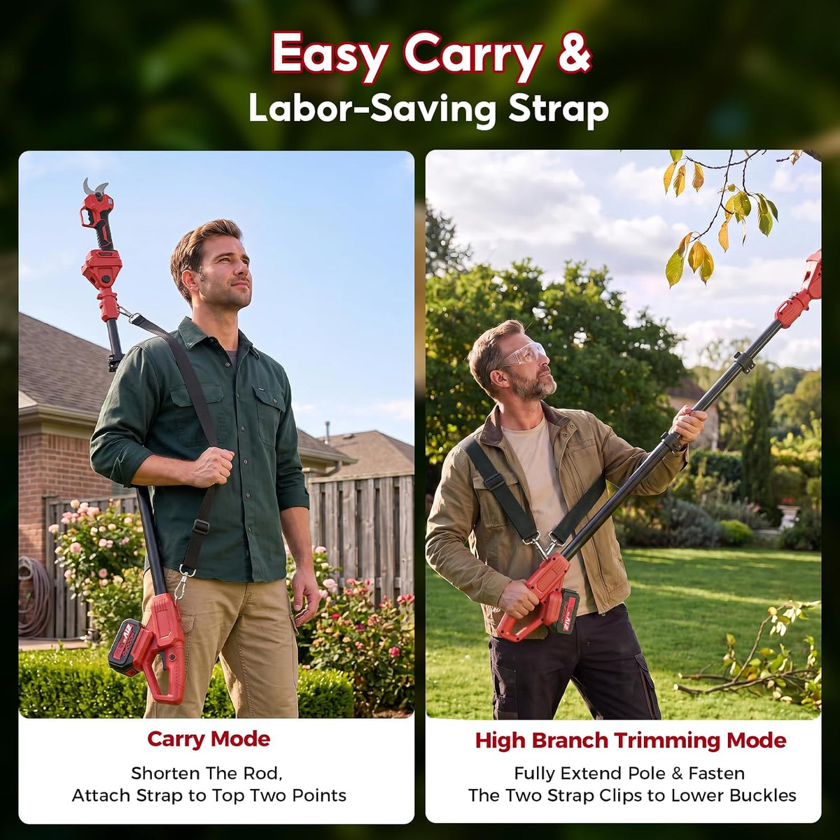 2-in-1 Electric Pruning Shears Cordless with Pole, 2.1" Cutting Diameter Pole Pruning Shears, Brushless Motor, Extra Blade, 2 * 2Ah Batteries, 2 Modes Adjustable Pruning Shears for Tree Flower
