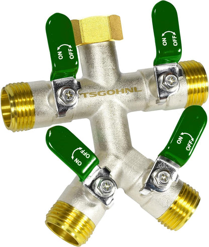 4 Way Garden Hose Splitter, 3/4” GHT Heavy Duty Brass
