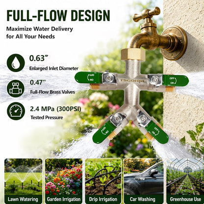 4 Way Garden Hose Splitter, 3/4” GHT Heavy Duty Brass